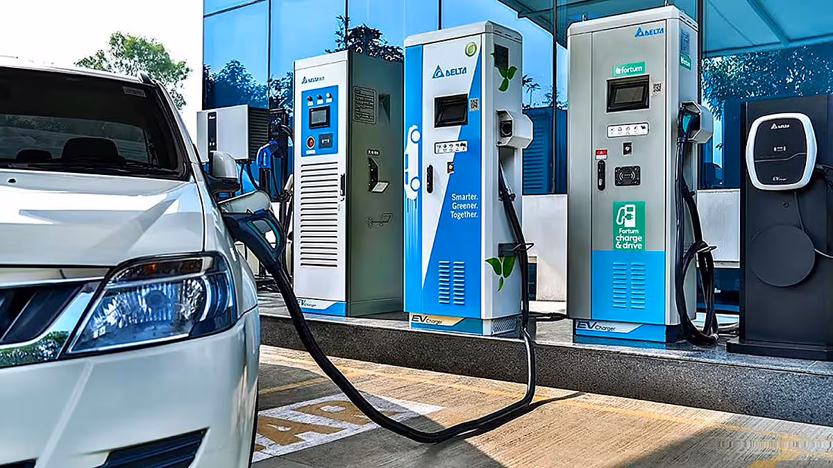 Electric car connected to fast EV charger with modern charging equipment