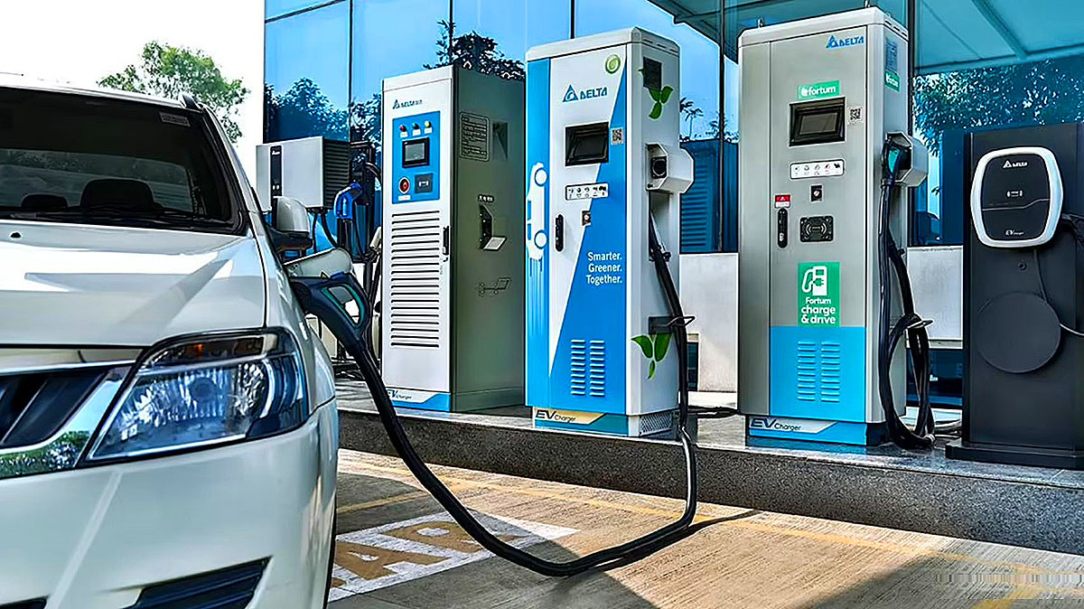Electric car connected to fast EV charger with modern charging equipment