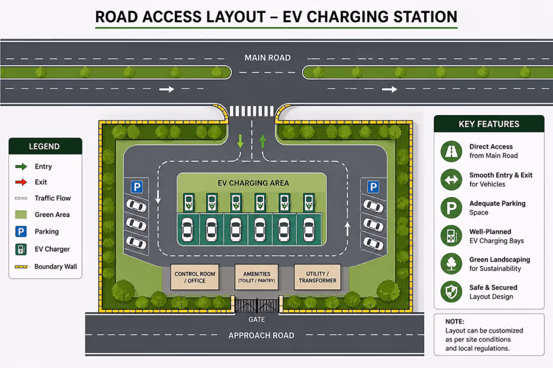 EV charging station road access layout plan showing entry exit traffic flow parking and infrastructure design