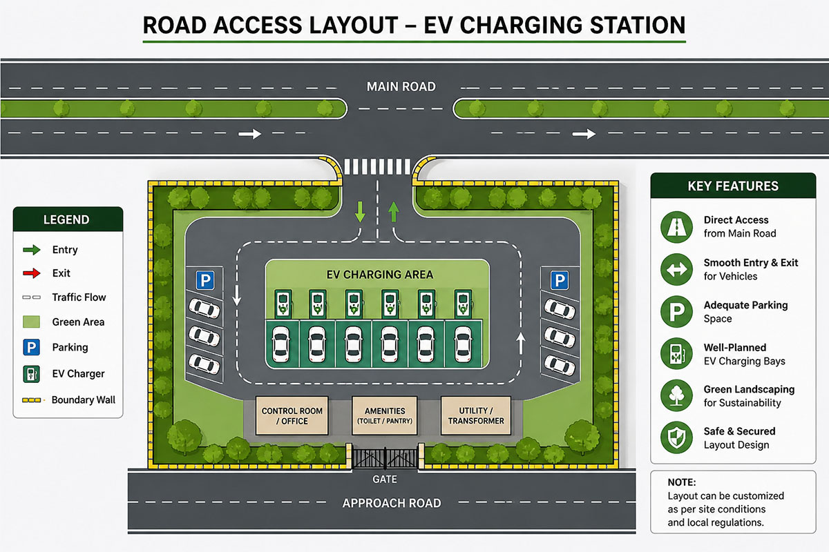 EV charging station road access layout plan showing entry exit traffic flow parking and infrastructure design