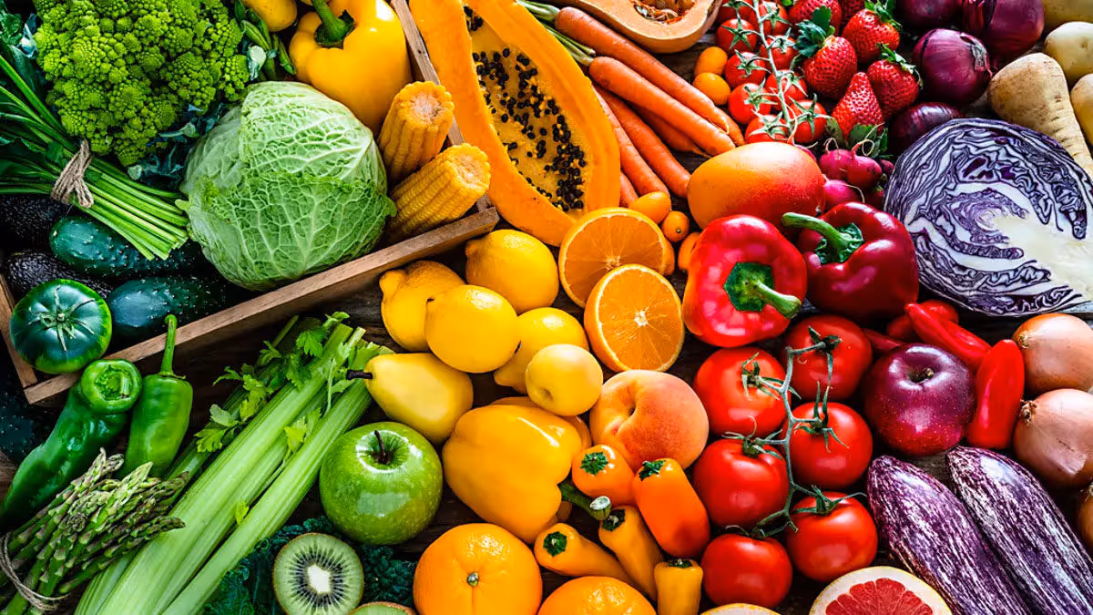 Fresh organic fruits and vegetables assortment healthy food concept