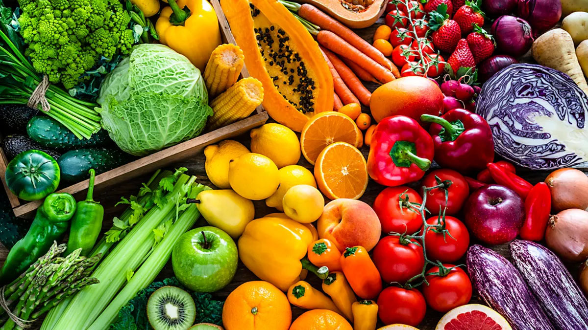 Fresh organic fruits and vegetables assortment healthy food concept