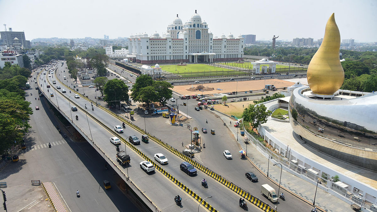Aerial view of Hyderabad city under intense summer heat with clear skies and reduced outdoor activity
