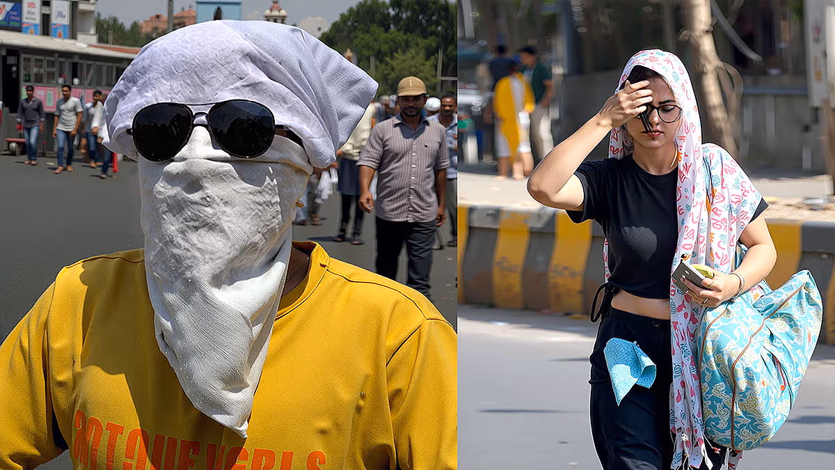 People covering faces and protecting themselves from severe heatwave conditions in Hyderabad streets