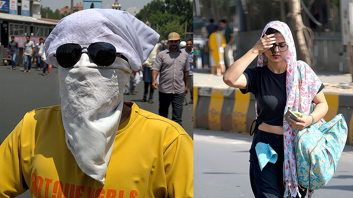 People covering faces and protecting themselves from severe heatwave conditions in Hyderabad streets