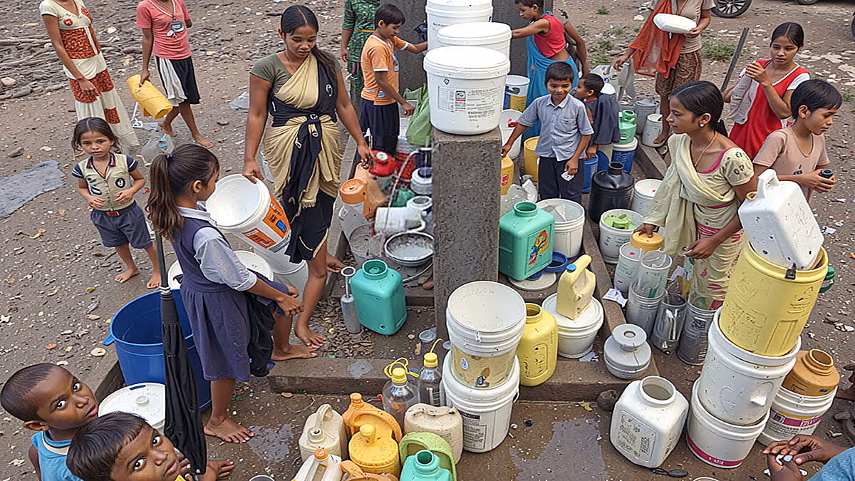 Residents queue up with containers to collect water from street taps
