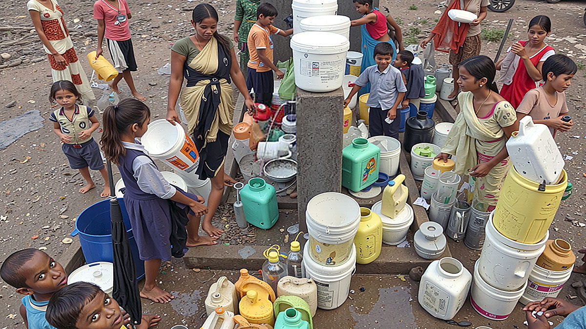 Residents queue up with containers to collect water from street taps