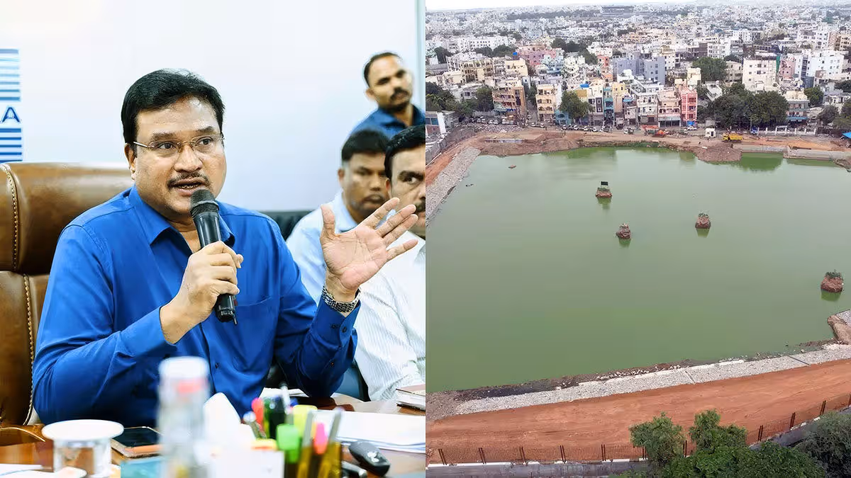 HYDRAA Commissioner Ranganath speaking alongside Bathukamma Kunta lake visual proof