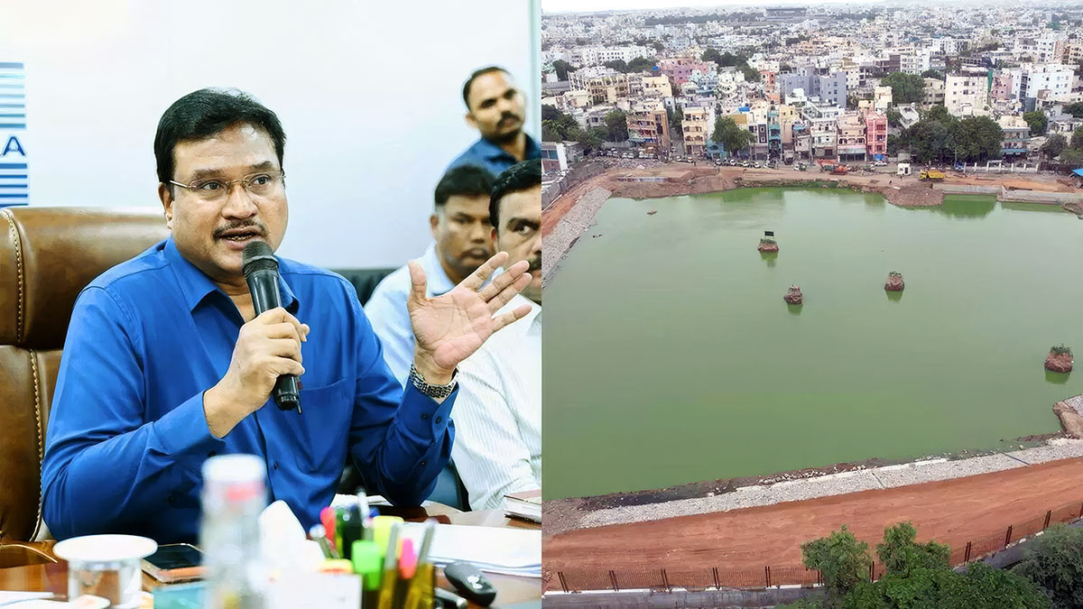 HYDRAA Commissioner Ranganath speaking alongside Bathukamma Kunta lake visual proof