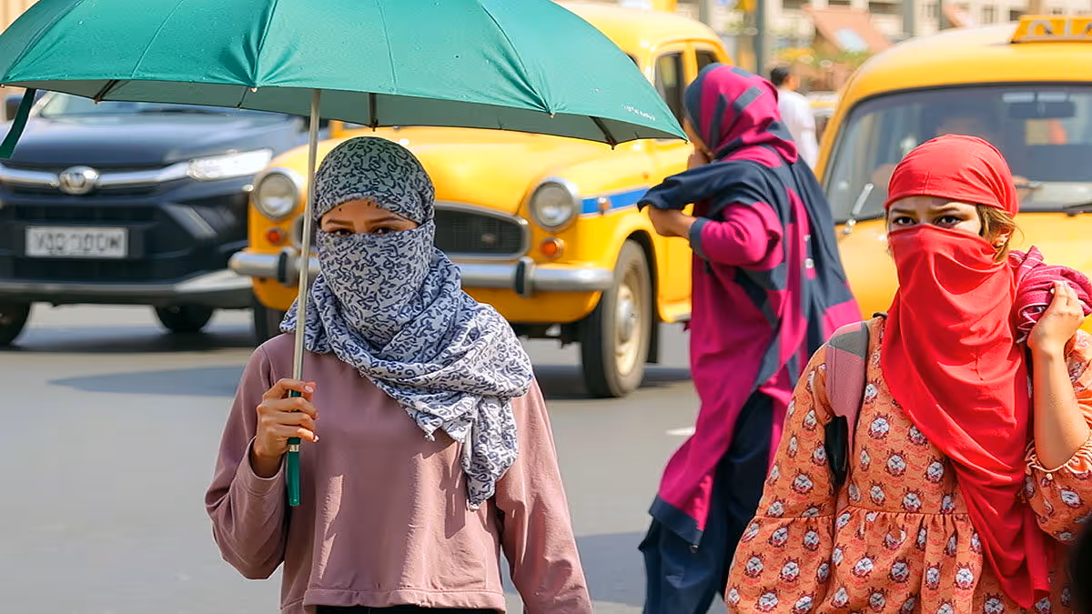 Women covering faces while walking under extreme heatwave conditions in Telangana