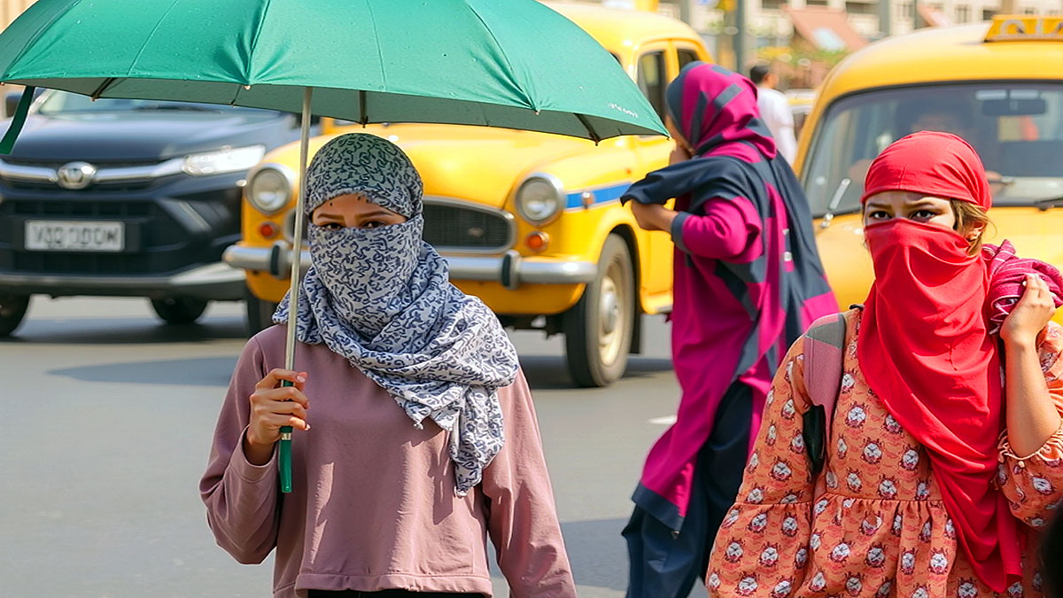 Women covering faces while walking under extreme heatwave conditions in Telangana