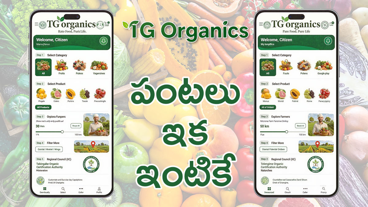 TG Organics app interface showing categories and farmer marketplace features