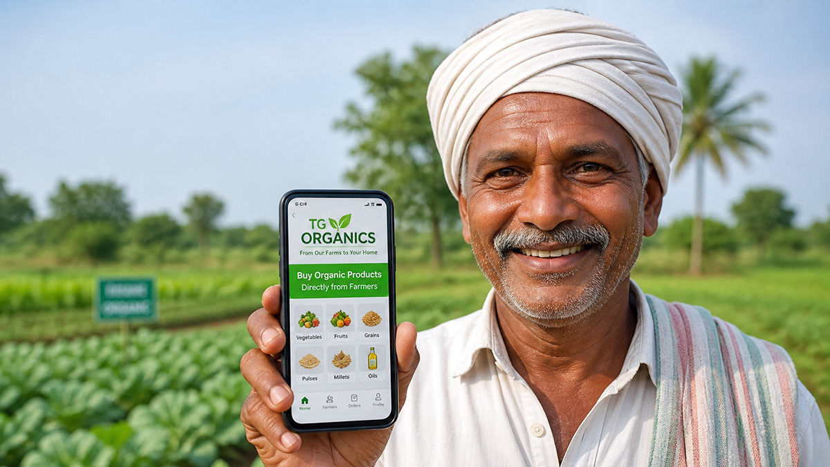 Farmer holding smartphone showing TG Organics app in agricultural field