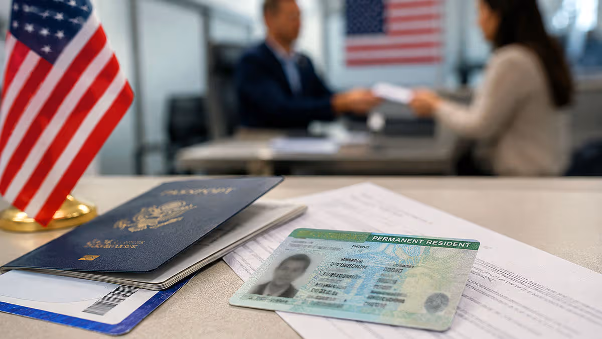 US green card and passport documents on immigration office desk with American flag