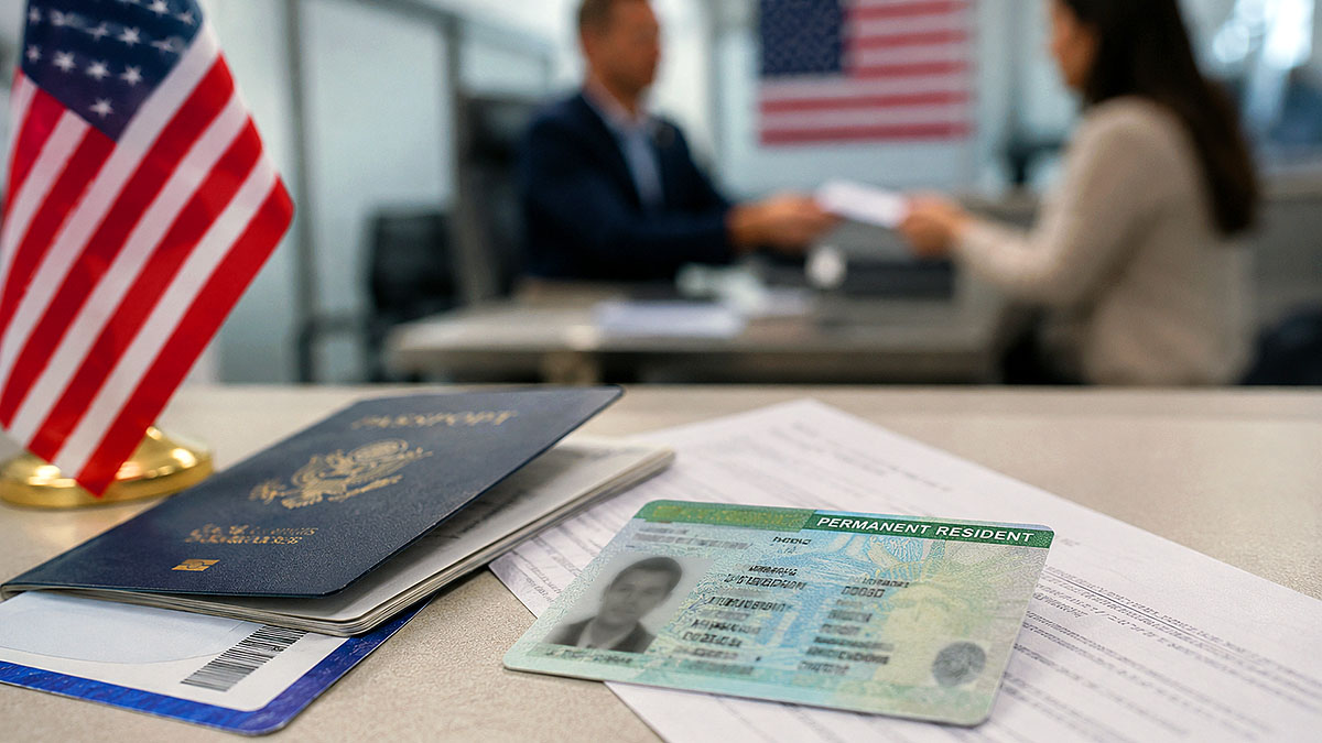 US green card and passport documents on immigration office desk with American flag