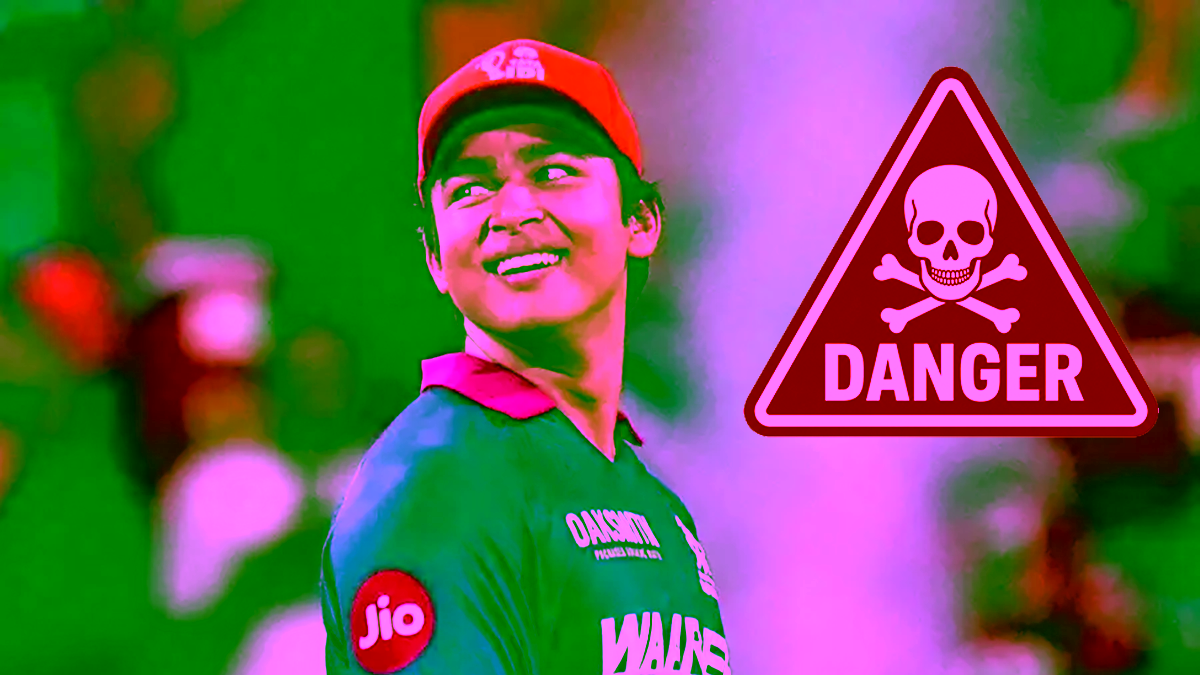 Rajasthan Royals Vaibhav Sooryavanshi with danger warning sign