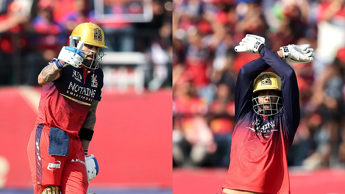 Virat Kohli and Venkatesh Iyer celebrates during thier innings against Punjab Kings in IPL 2026 at Dharamsala