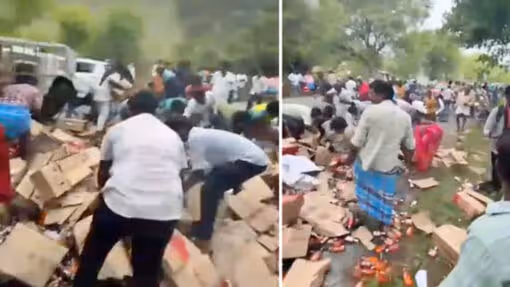 లిక్కర్ వ్యాన్ బోల్తా..నిమిషాల్లోనే మందు సీసాలు స్వాహా!