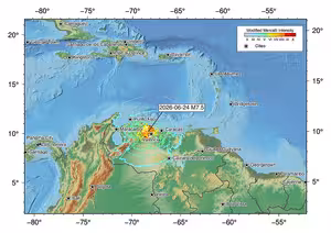 Venezuela earthquake intensity map showing M7.5 epicentre